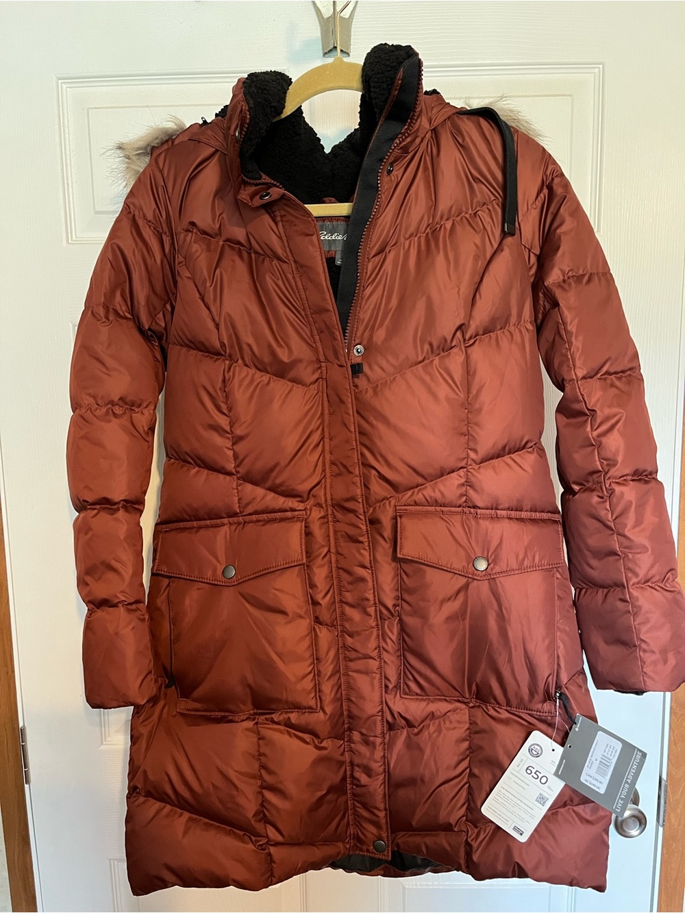 Eddie Bauer Long Rust Red Puffer Coat with Faux-Fur Trim